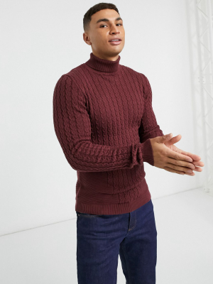 Asos Design Muscle Fit Cable Roll-neck Sweater In Burgundy