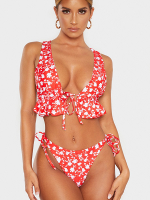 Red Floral Tie Front Frill Plunge Bikini Top