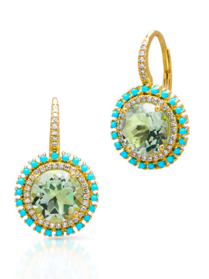 14kt Yellow Gold Green Amethyst Turquoise Diamond Round Kai Earrings