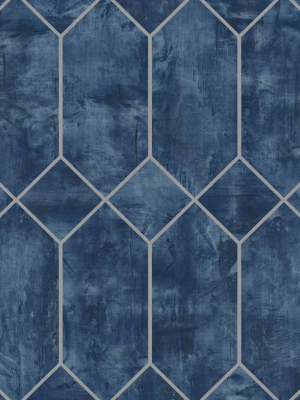 Geo Faux Wallpaper In Denim Blue And Metallic Silver From The Living With Art Collection By Seabrook Wallcoverings