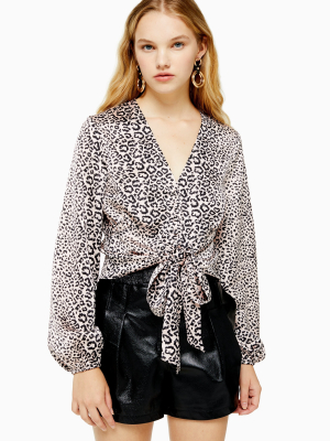 Animal Print Tie Front Blouse