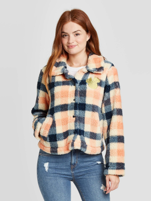 Women's Disney Mickey Plaid Button-up Checkered Family Fleece Jacket - Cream