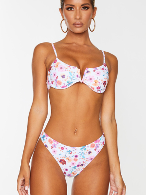 White Floral Underwired V Front Bikini Top