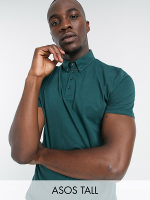 Asos Design Tall Polo Shirt With Collar Pin In Dark Green