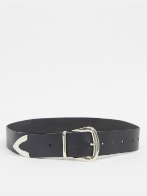 Asos Design Leather Tipped Jeans Belt In Black With Shiny Silver Metal