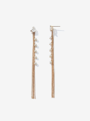 White Topaz And Diamond Long Pearl Fringe Earrings Sbe300