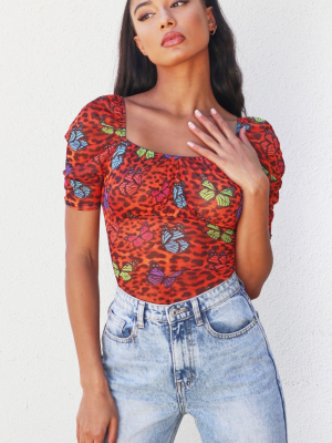 Orange Leopard Print Mesh Short Puff Sleeve...