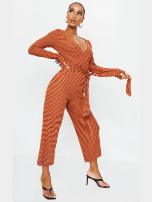 Rust Long Sleeved Striped Rib Wrap Culotte...