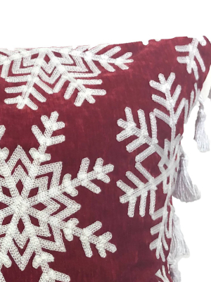 20"x20" Genell Snowflake Embroidered Square Throw Pillow With Side Tassel Red - Décor Therapy