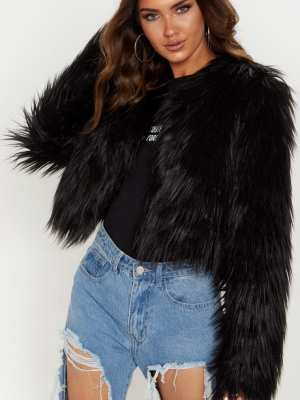 Liddie Black Faux Fur Shaggy Cropped Jacket