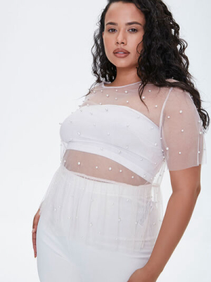 Plus Size Mesh Faux Pearl Top