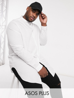 Asos Design Plus Longline Shirt In White With Band Collar