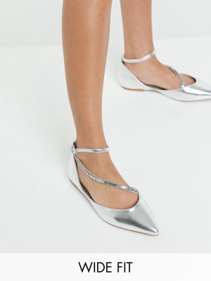 Asos Design Wide Fit Leap Embellished Pointed Ballet Flats In Silver