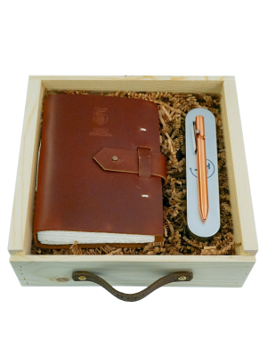 Five Year Leather Journal + Brass Pen Gift Set