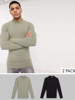 Asos Design 2 Pack Organic Muscle Fit Long Sleeve Jersey Polo