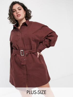 Collusion Plus Belted Mini Shirt Dress In Chocolate Brown