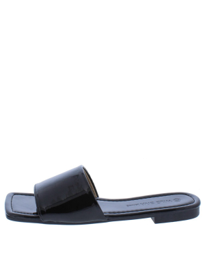 Bandit04 Black Square Open Toe Flat Slide Sandal