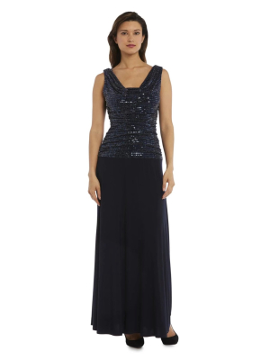 Sleeveless Maxi Gown With Sequined Top And Draped Cowl Neck