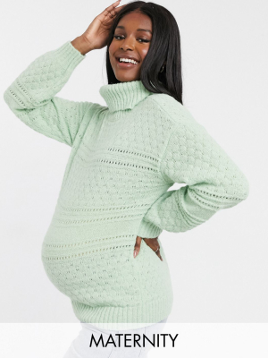 Pieces Maternity Roll-neck Textured Sweater In Pastel Green