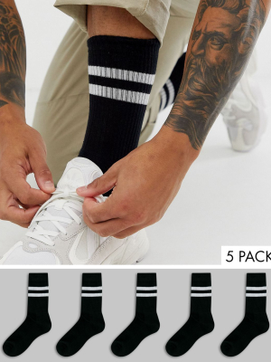 Asos Design 5 Pack Sport Socks In Black With White Stripe Save