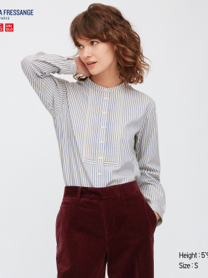 Women Cotton Twill Pintuck Striped Long-sleeve Shirt (ines De La Fressange)