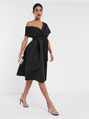 Asos Design Fallen Shoulder Midi Prom Dress With Tie Detail In Black