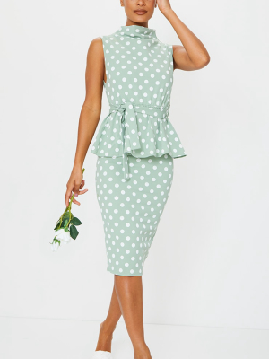 Sage Green Polka Dot High Neck Tie Waist Peplum...