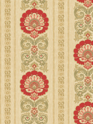 Ornate Fanned Damask Stripe Wallpaper In Red And Gold From The Caspia Collection By Wallquest