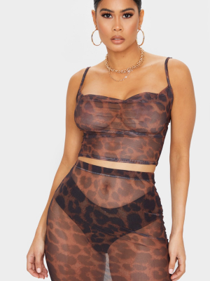 Brown Leopard Print Mesh Cowl Neck Crop Top