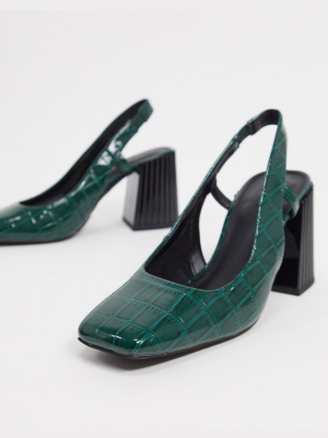 Asos Design Shea Slingback Mid Heels In Green Croc