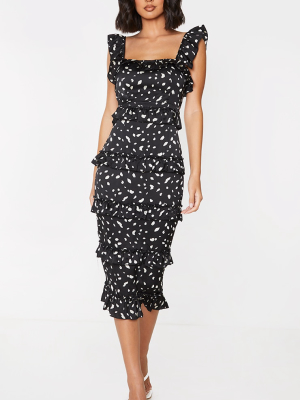 Black Dalmatian Print Tiered Frill Strappy Midi...