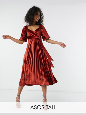 Asos Design Tall Puff Sleeve Velvet Wrap Pleat Midi Dress In Rust