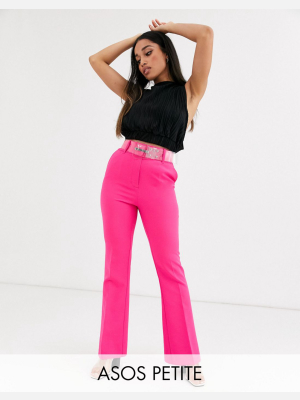 Asos Design Petite Pop Pink Slim Kick Flare Pants With Clear Belt