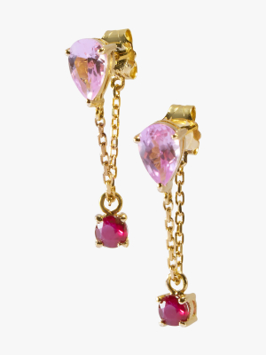 Pink Topaz & Ruby Chain Earrings