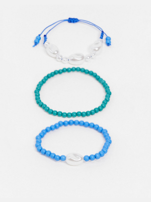 Asos Design Pack Of Three Beaded Bracelets With Pearl Detailing In Blue And Green Tones