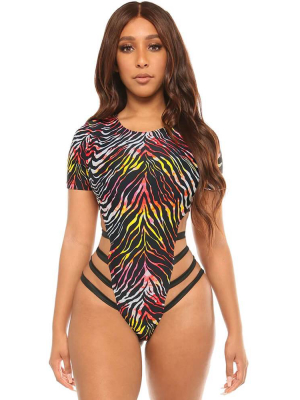 Tiger Print High Cut Strappy Short Sleeve Brazilian One Piece Swimsuit