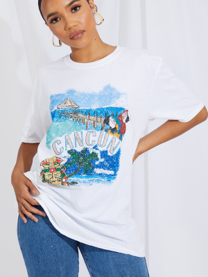 White Cancun Printed Holiday T Shirt