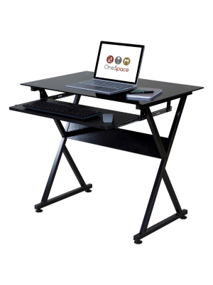 Ultramodern Glass Computer Desk, Pull-out Keyboard, Steel Frame - Onespace