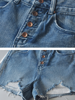 'margot' 4 Buttons High Waisted Distressed Denim Shorts (4 Colors)