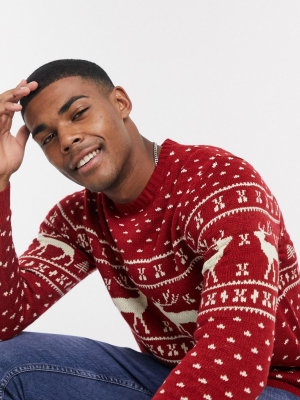 Asos Design Knitted Christmas Sweater In Red Reindeer Design