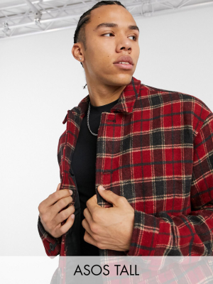 Asos Design Tall Faux Wool Shacket In Red Tartan Plaid