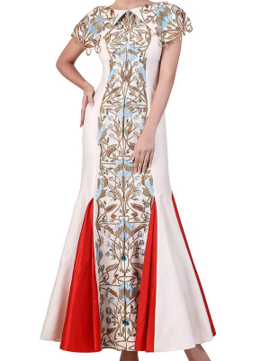 Panelled Cape Shoulders Embroidered Gown