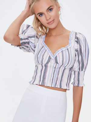 Striped Gigot-sleeve Crop Top