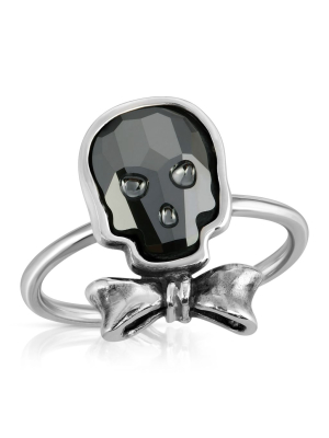 Chrome Black Bowtie Skull Ring