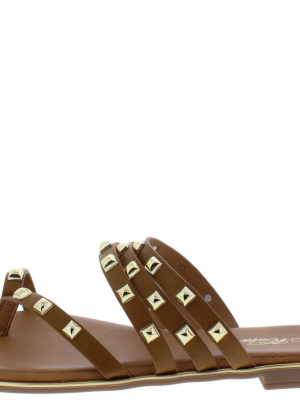 Fully Chic Tan Studded Strappy Thong Slide Sandal