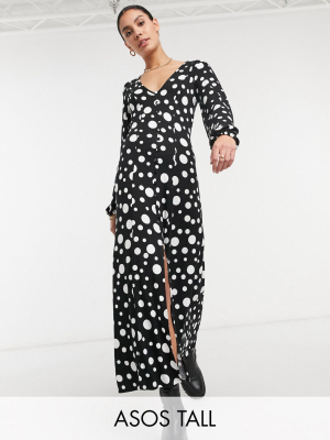 Asos Design Tall Maxi Tea Dress In Half And Half Black And White Polkadot Print