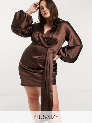 Jaded Rose Plus Exclusive Plunge Satin Mini Dress With Balloon Sleeve And Train Detail In Chocolate