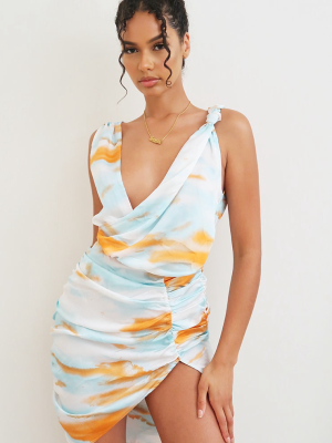 Multi Tie Dye Satin Plunge Wrap Ruched Bodycon...