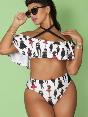 Plus Size Pretty Girl High Waist Halter Ruffle Off Shoulder Bikini Swimsuit - Two Piece Set