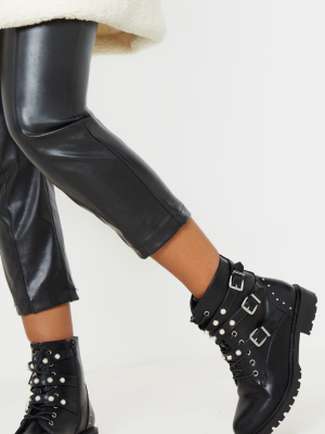 Black Pearl Detail Triple Strap Biker Boot